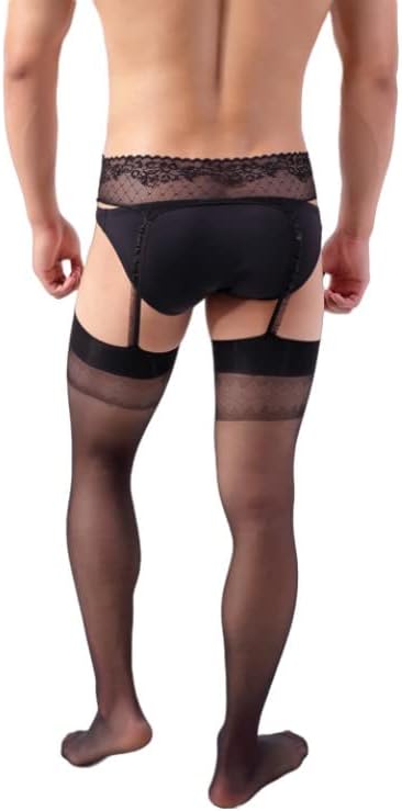 Manguo Men’s Tights Suspender Pantyhose Sissy Sexy Lingerie Stockings Garter Belt Set for Men