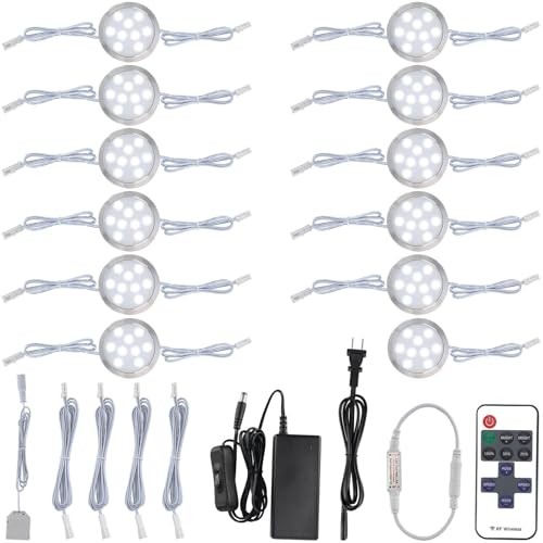 Meigour Hardwired Under Cabinet Puck Light Kit, Linkable Daisy Chained Wireless Remote Control Dimmable, 110V Wall Plug Electric Wired to 12V LED Display Case Shelf Lighting, 12 Lights, Cool White