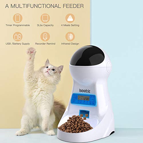 Iseebiz-Automatic-Pet-Feeder-Cat-Dog-Food-Dispenser-3-Liter-Hopper-with-Voice-Recorder-Timer-Programmable-Portion-Control-Food-Dispense-Remind-IR-Detect-4-Meals-a-Day-for-Medium-Small-Cats-Dogs