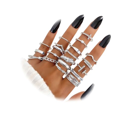 KISS WIFE Gold Silver Black Kunckle Rings Set for Women, Dainty Simple Trendy Cute Stackable Finger Rings Pack, Perfect for Stacking Layering on Thumb and Knuckle, Mixed Size, Jewelry Gift (Silver)