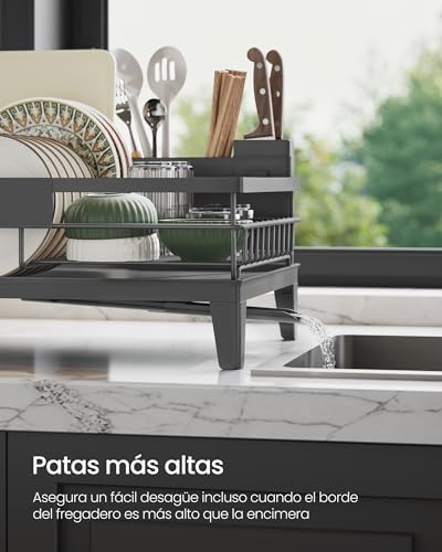 Miniatura 7 de SONGMICS Escurreplatos, Escurridor para Encimera de Cocina, Giratorio 360° y Extensible, con Soporte para Cubiertos, 31 x 42 x 18,5 cm, Gris Ahumado KCS550GT01