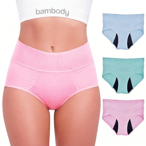 Bambody Absorbent Period Panties - Bamboo Rayon - Period Underwear for Women and Teens - All-Day Long - Overnight Protection- Leakproof - Large - 3 Pack: Pink - Blue - Green