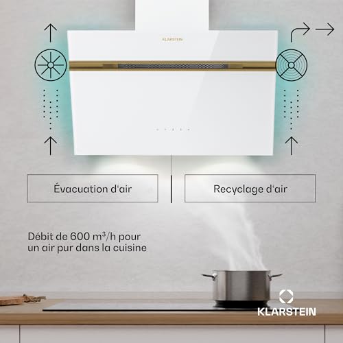 Klarstein Alina hotte aspirante - 60 cm hotte murale, 600 m³/h, éclairage LED 9 couleurs, tactile, classe énergétique A, 52 dB, blanc-doré, extraction & recirculation