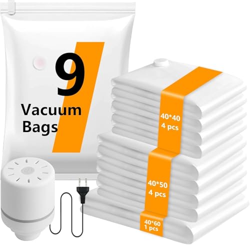 Bolsas Vacio Ropa con Bomba Eléctrica, 9 Bolsas de Vacío (4 * 40x40 cm, 4 * 40x50 cm, 1 * 40x60 cm), Ahorra Espacio Para Ropa, Maletas y Adecuado Para Viaje y Hogar, Resistente y Reutilizable