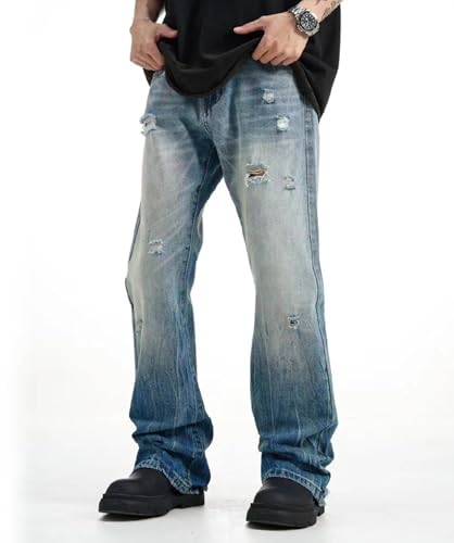 Men's Denim Flared Pants Mid-Rise Loose Casual Straight Cut Gradient Ripped Streetwear Jeans with Pockets2