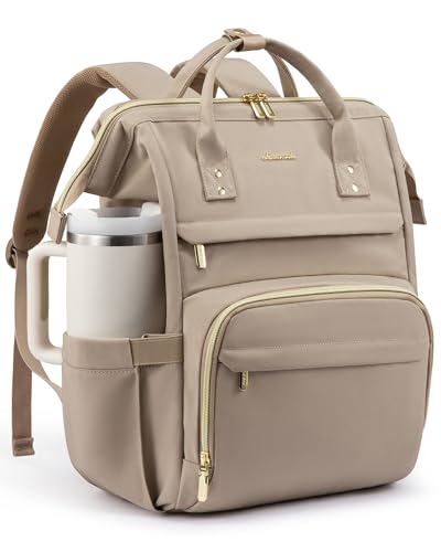 Image of LOVEVOOK Laptop Backpack for Women with Giant Tumbler Holder Pocket,17 inch Waterproof Travel Backpack Purse Computer Laptop Bag,Large Professional Work College Nurse Teacher Backpack,Beige Apricot
