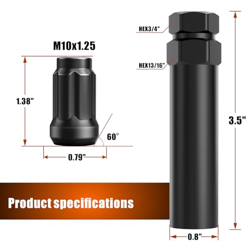 Image of Gaemi M10x1.25 Spline Lug Nuts Black, 20 Pack | 6 Spline Design, 1.38 inch Tall, 3 /4 inch Hex Conical Seat 60, Includes 1 Socket Key, For Aftermarket Wheels