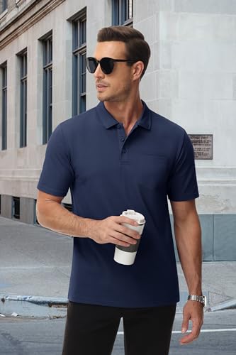 MAGCOMSEN Mens Polo Shirts with Pocket Cotton Pique Short Sleeve Collared Shirt Moisture Wicking Golf Shirts 3-Button Shirts3