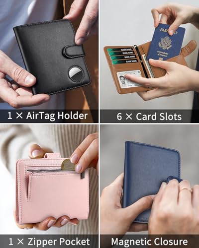 Passport Holder for Travel with AirTag Holder- Leather RFID Blocking Travel accessories with 5 Cards Slot&1ID Window,Magnetic Closure,Gift Box(Air Tag Not Included)3
