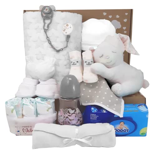 MabyBox Mis Cositas Rosas, Set Regalo Bebé Recien Nacido, contiene Manta Arrullo, Peluche, Set Primera Puesta de Algodón- Canastilla Bebe Original (Gris) Cover