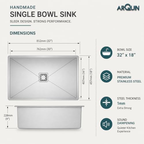 Image of ARQUIN Kitchen Sink 32 inchx20 inchx10 Inch Handmade Single Bowl sink Heavy Duty Stainless Steel Sink for Kitchen Basin with Brushed Matte Finish Including Coupling, Hose Pipe, Fruit Tray