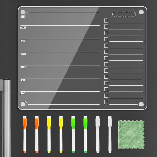 Image of PigPotParty Acrylic Magnetic Week /TODO Whiteboard for Refrigerator, 12x9.5 Inch Clear Dry Erase Checklist Board, 2-Column Fridge List with Pre-Installed Embedded Magnet, 8 Markers and 1 Towel