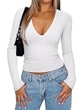 REORIA Women's Sexy Plunge Deep V Neck Long Sleeve Basic T Shirts Trendy Slim Fit Lightweight Y2K Going Out Crop Tops White X-Large