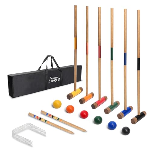 SPORT BEATS Six Player Croquet Set RubberWood 32 Inch Mallets with Carry Case, 6 Balls, 9 Wickets, 2 Stakes for Backyard Outdoor Games