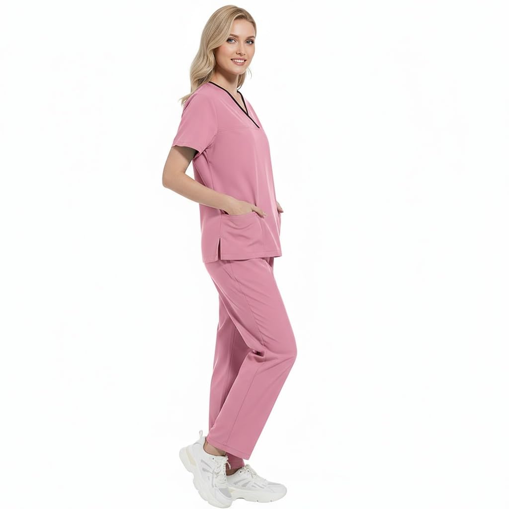 Uniformes Médicos para Mujer Traje Separado Cuello en V Top y Pantalones Jogging con Cuatro Bolsillos Color Puro Secado Rápido Uniformes Médicos DK51
