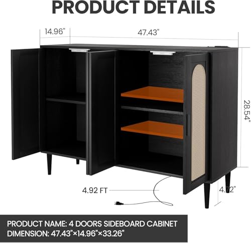 Rattan Sideboard Buffet Cabinet, Wooden Side board Accent Buffet With Power Outlet, Wood Sideboard With 4 Doors, BOHO Cabinet For Entryway, Hallway, Dining Room, Living Room, Coffee Bar (BLACK)