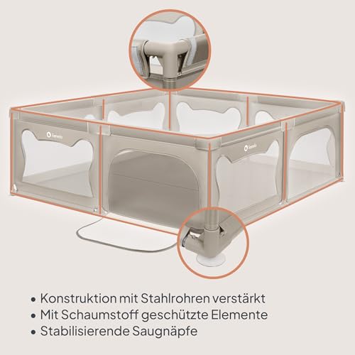 LIONELO WILLOW XL Laufgitter Baby, ab 0-48 Monaten große Fläche 187 cm x 207 cm x 68 cm, Laufgitter Baby mit Seitenwände aus atmungsaktiven Netzstoff, 2 Seitliche Eingänge mit einem Reißverschluss