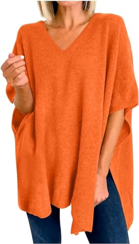 Poncho Sweater Women Stylish V Neck Short Sleeve Side Split Pullover Sweaters Casual Loose Solid Color Cable Knit Top