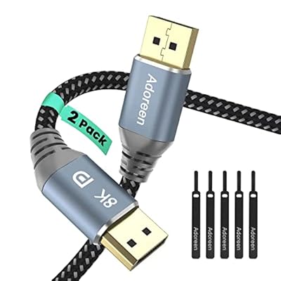 VESA Certified 8K DisplayPort 1.4 Cable 6 Feet/2 Pack,Adoreen DP Cord(From 1.5-30FT)8K@60Hz 4K@144Hz 2K@240Hz 32.4Gbps HBR3 HDCP HDR,FreeSync G-Sync,Braided Display Port for Monitor Graphics+ 5 Ties