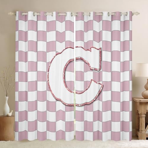 Image of Erosebridal Pink Initial C Window Curtains 42 inch Wx63 L Kawaii Plaid Checkered Blackout Curtains for Kids Girls Bedroom,Cute Personalized Monogram Window Treatments Grids Gingham Drapes Decor 2 Panels