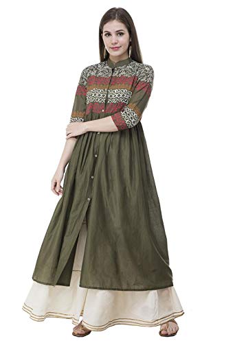 PIOUSPICKWomen Cotton Block Print Mandarin Collar Front Open Umbrella Kurta (PK0041, Olive Green, L)