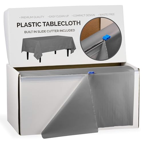 Image of Exquisite Party Solids 54 Inch X 100 Feet Silver Plastic Table Cover Roll in A Cut - to - Size Box with Convenient Slide Cutter. Cuts Up to 12 Rectangle 8 Feet Plastic Disposable Tablecloths