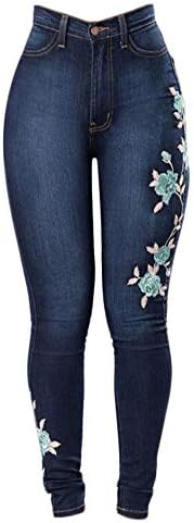 Andongnywell Womens Butt Lift Embroidery Denim Pants High Waist Embroidered Rose Skinny Jeans with Pocket Trousers