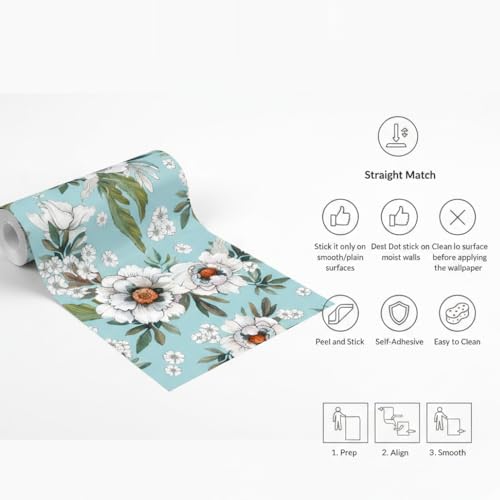 Image of Floral Wallpaper Peel and Stick - Flower Design Self Adhesive Wall Paper for Living Room, Bedroom, Kitchen, Removable Waterproof Wall Decor (MG14, 16X128 Inch)