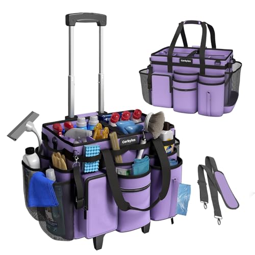 Image of Rolling Cleaning Caddy Bag with Detachable Trolley, Cleaning Supplies Organizer Cart on Wheels, Cleaning Supply Caddy for Housekeepers (Purple, 11.5 inch Dx15.7 Wx13 H)