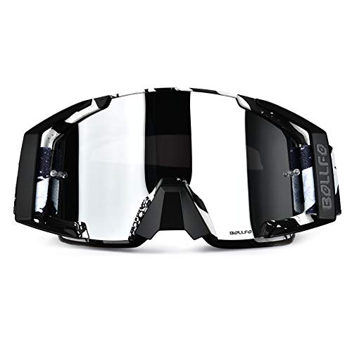 BOLLFO Motorcycle Goggles Motocross ATY Dirt Bike Goggles Anti-UV Safety Protective Anti Fog Tactical Goggles for Cycling Riding Climbing Skiing (Black+White Frame Silver Lenses)