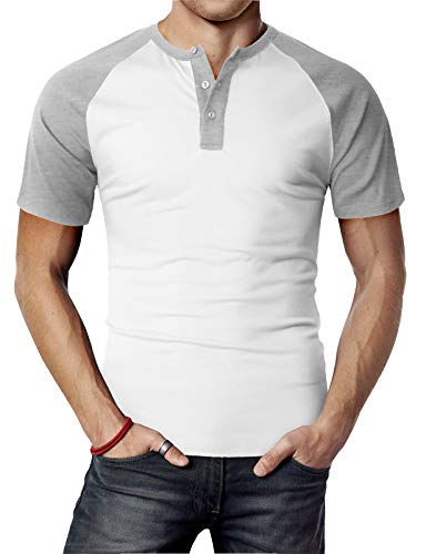 H2H Men Slim Fit Henley Raglan Short Sleeve Contrast Color Block Casual Baseball T-Shirt Ivory US M/Asia L (CMTTS0222)