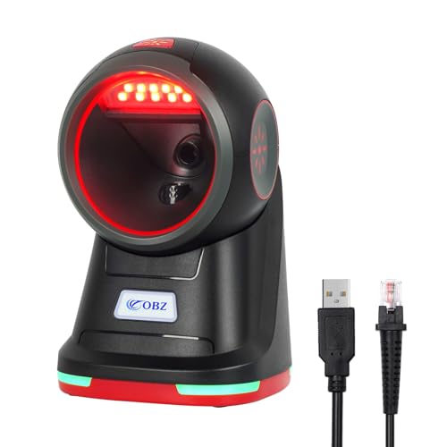 OBZ Lector de Código de Barras 1D 2D QR Omnidireccional Escáner de Sobremesa con USB Cable Manos Libres con Sensor Megapíxeles para POS PC Supermercados Bibliotecas Tiendas de conveniencia