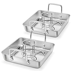 9-inch Beer Can Roasting Chicken Holder (2 Pans + 2 Racks), P&P CHEF Stainless Steel Chicken Roaster Pan with Vertical Rack For Baking Grilling, Heavy Duty & Dishwasher Safe