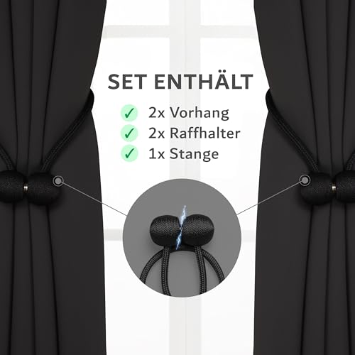 Cozyor Praktisches Set ohne Bohren: 2X Vorhang + 1x Klemmstange Silber 111-200 cm + 2X Raffhalter mit Magnet Blickdicht & verdunkelnd, als Raumteiler, Fenster & Tür Schwarz Thermovorhang 220x135cm