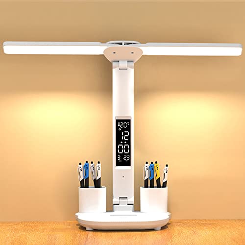 YNDD Lampe de Bureau Sans Fil à LED pour Enfant avec Heure Calendrier Température 2 Porte Stylo, 7W Double Tête Desk Lamp Dimmable 3 Modes de Couleur,...