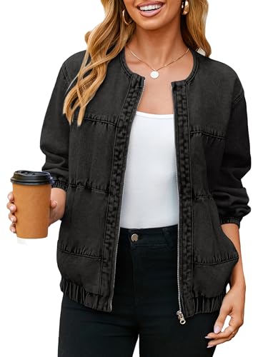 Glamaker Womens Denim Bomber Jacket Trendy Casual Zip Up Crew Neck Long Sleeve Overszied Boyfriend Jean Jacket (Black M)