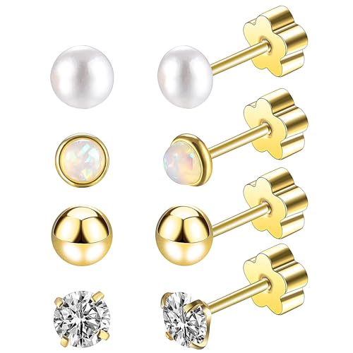 4 Pares Pendientes de Acero Quirúrgico Hipoalergénicos para Hombres y Mujeres con Espalda Plana y Perlas CZ de Piercing