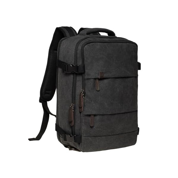 KAUKKO Canvas Travel Rucksack, Large Capacity Carry On Bag with Shoe Pouch and 15.6 inch Laptop Compartment, Flight Approved Outdoor 40L Luggage Weekender Bag, 12-BLACK
