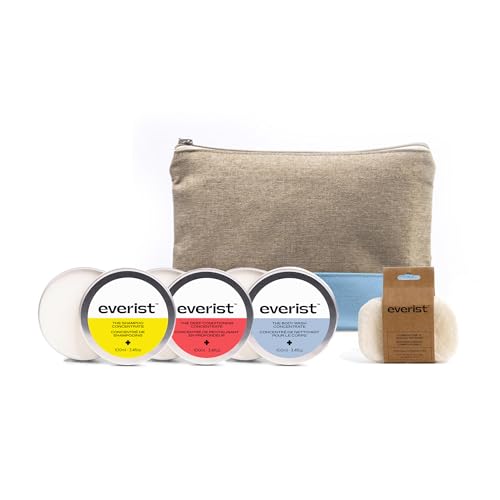 Everist The Complete Shower Kit, Strengthens & Repairs Hair, Deep Hydration & Smoothing, Shampoo, Deep Conditioner & Body Wash Concentrates, Compostable Konjac Sponge, 3.4 fl oz, Tins