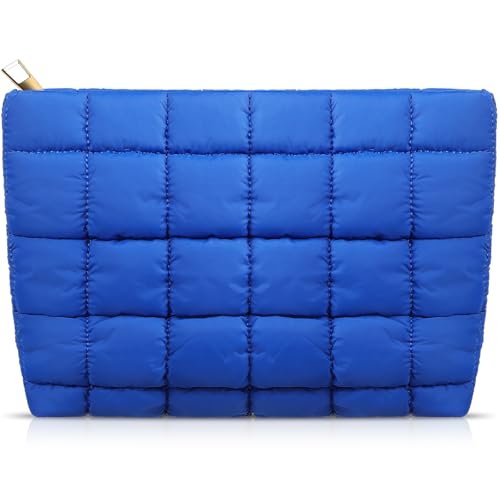 Hillban Puffy Quilted Makeup Bag Quilted Cosmetic Bag Cute Puffer Toiletry Checkered Pouch Aesthetic Travel Makeup Brushes Organizer(Blue,Classic)