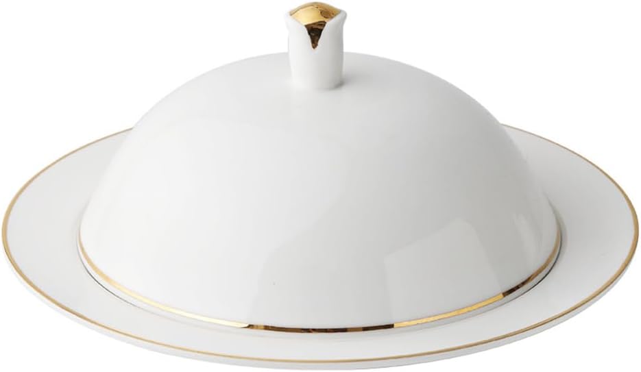 DOITOOL 8 Inch White Ceramic Serving Platter with Dome Lid Round Porcelain Dinner Plate for Steak Dessert Appetizer Cloche Food Cover with Gold Rim for Fine Dining Table