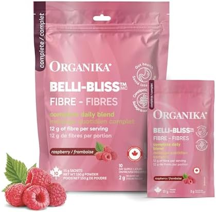 Organika Canadian-Made Belli Bliss Fibre | High Fibre Blend, 4 Diverse Sources of Fibre | Supports Digestive Health, Constipation Relief, Weight Control - Raspberry, 10 x 15g sachets