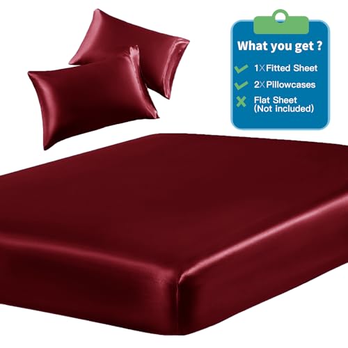 Image of SiinvdaBZX 3-Piece Set Satin Full Fitted Sheet & 2 Pillowcase, Burgundy Silky Soft Fitted Bottom Sheet, Wrinkle Free, Fade Resistant, Deep Pocket Bed Sheet (Deep Up to 15 inch)