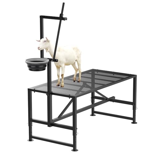 Larrik Goat Milking Stand with Feed Bin 400LB Heavy Duty Goat Stand for Hoof Trimming & Grooming Adjustable Goat Stanchion for Small Goats & Sheep Black