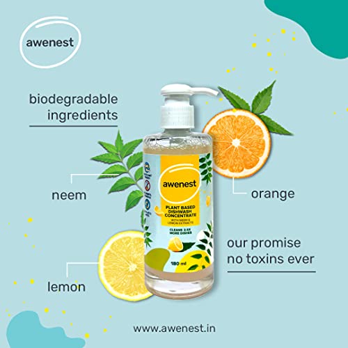 awenest 100% Plant Based Dishwash Concentrate | 180 ml = 450 ml of regular dishwash | 2.5X Concentrated | Neem and Lemon | 0% Harmful Chemicals |... - Image 5