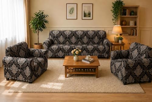Image of Gifts Island Sofa Cover 3 Seater and 2 Seater Fully Covered Universal 5 Seater Sofa Cover Non-Slip Sticky Elastic Stretchable Sofa Set Slipcover Protector for (3+1+1 Seater), Brown Damask