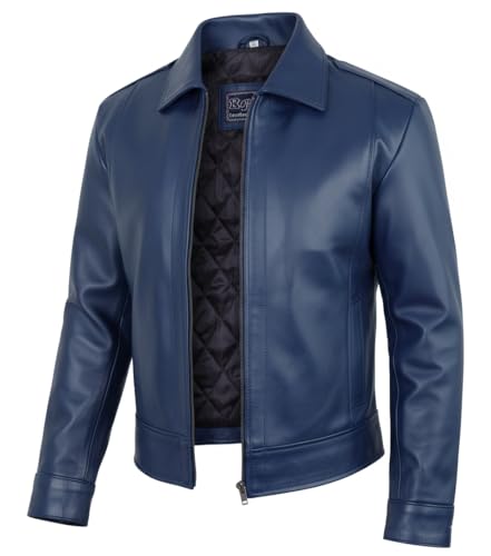 III-Fashions Classic Vintage Style Blue Leather Jacket For Mens - Genuine Lambskin Leather Shirt Collar Motorcycle Coat | Blue Regular, 4XL