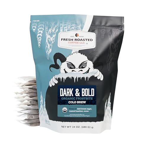 Fresh Roasted Coffee, Organic Dark & Bold Frostbite Cold Brew Coffee Filter Packs | USDA Organic, Kosher | Dark Roast, 12 Count, 24 oz