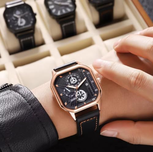 Image of Men's Luxury Square Dial Analog Watch with Leather Strap, Luminous Display, Waterproof Quartz Wristwatch - Casual & Formal Wear