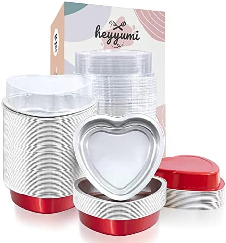 HEYYUMI Aluminum Foil Mini Heart Cake Pan, 25pcs 9oz Disposable Heart Shaped Cake Pans with Lids,Cupcake Liners Muffin Tins,Cupcake Baking Cups Ramekins Containers for Valentine's Day(Red)
